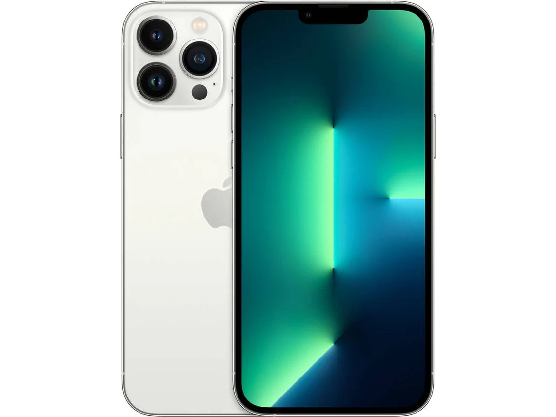 Smartphone iPhone 13 Pro Max semi-novo com ecrã grande, câmeras traseiras e acabamento em vidro e aço inoxidável.