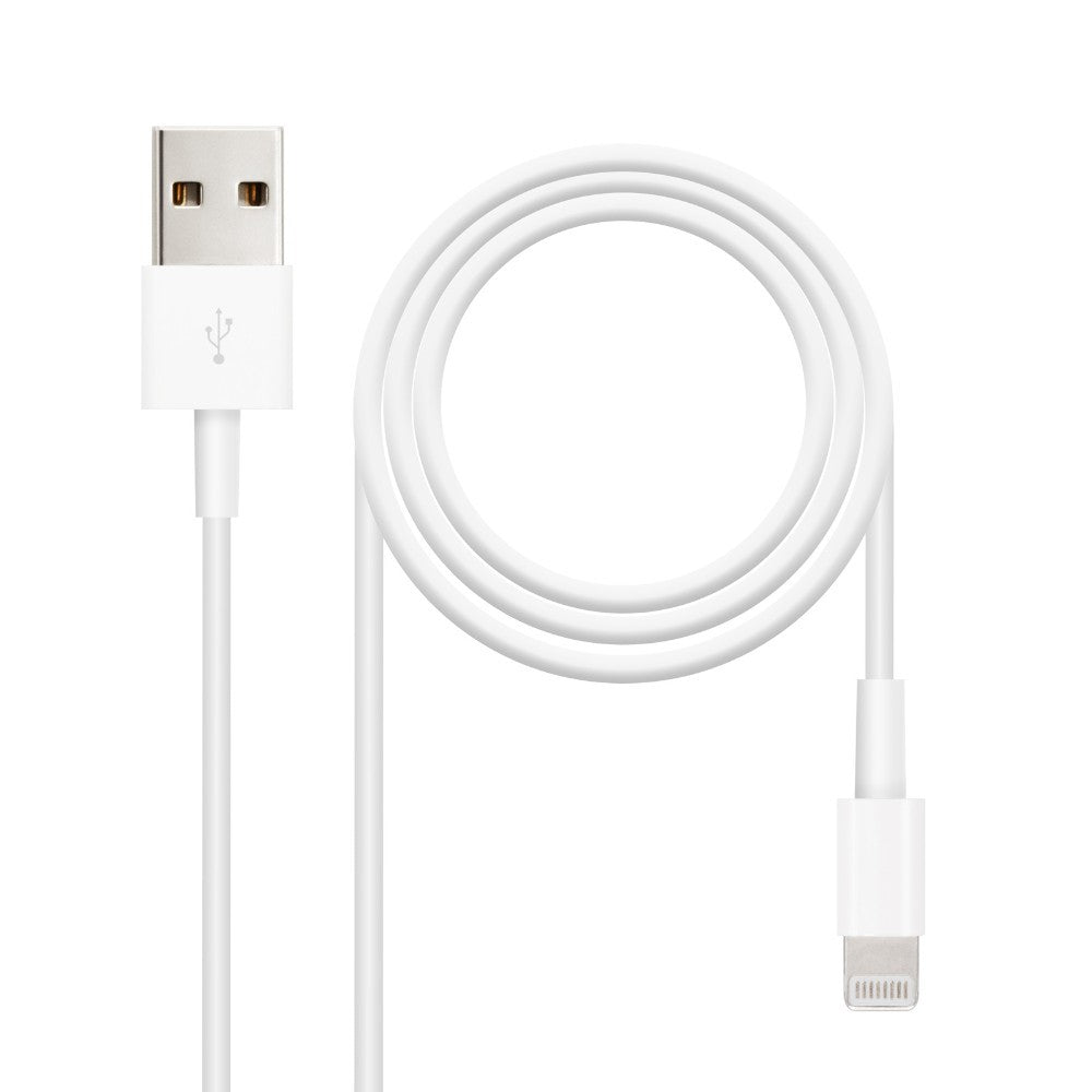Cabo Lightning para USB-A de 2m, acessório da ibitech.pt, com conectores prateados e cabo resistente para carregamento e transferência de dados.
