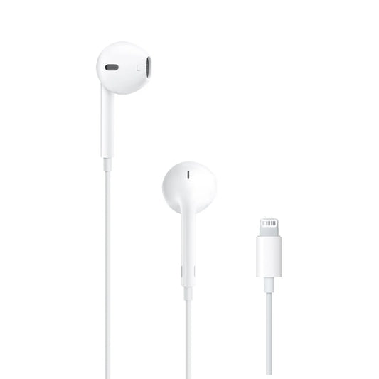Auriculares EarPods com conector Lightning da ibitech.pt, acessórios de áudio com cabos brancos e design compacto.