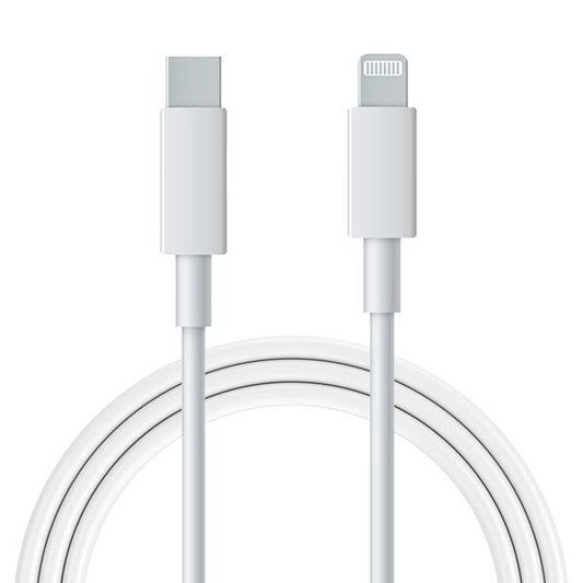 Cabo Lightning para USB-C de 1m, acessório da ibitech.pt, mostra o conector Lightning e a extensão do cabo com acabamento em plástico preto