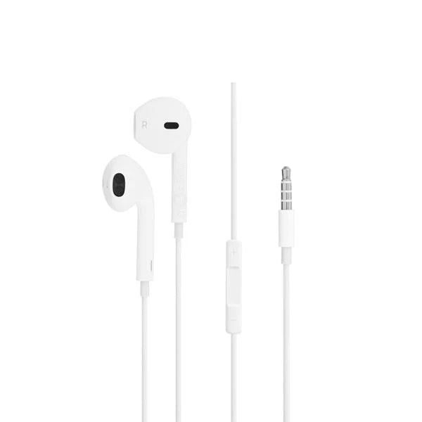 Fones EarPods com ficha de 3,5 mm da ibitech.pt, com cabos brancos e acabamento em plástico, para audição de áudio estéreo