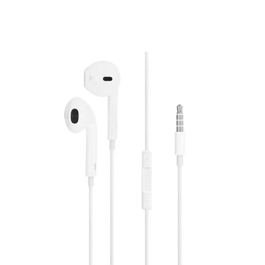 Fones EarPods com ficha de 3,5 mm da ibitech.pt, com cabos brancos e acabamento em plástico, para audição de áudio estéreo